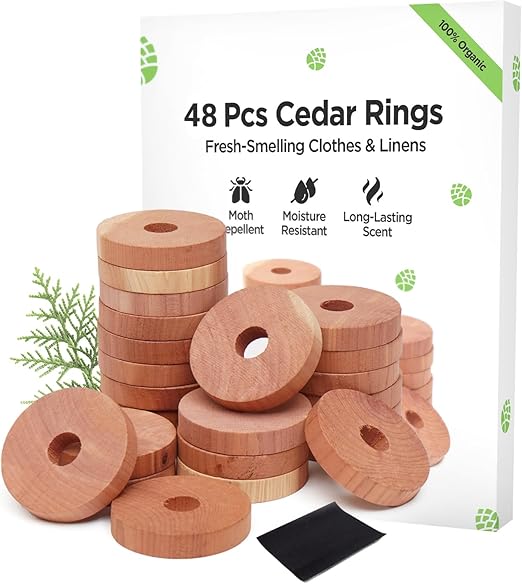 Moth Repellent for Wardrobes 48 Cedar Rings for Clothes, Drawers, Storage Boxes - 100% Natural Cedarwood Moth Repellent, Aromatic Insect Repellent & Moth Killer Cedar Wood Rings - Sandpaper Included