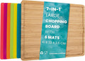 7 in 1 Large Wooden Chopping Board Set with 6 Coloured PP Mats, Contamination Free Bamboo Cutting Boards for Kitchen with Integrated Plastic Mats for Cutting & Serving