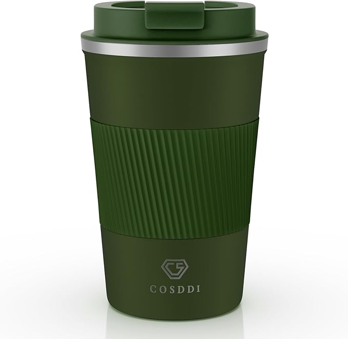 CS COSDDI Travel Mugs, Insulated Coffee Cup with Leakproof Lid - Reusable Coffee Cups Travel - Car Coffee Cup - Stainless Steel Coffee Mug for Hot and Cold Water and Tea (Green-A, 380 ml)