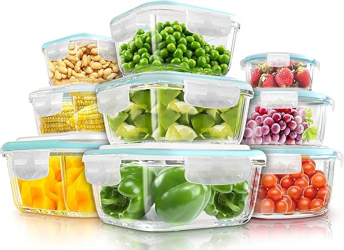 KICHLY Glass meal prep containers - Set of 18 pcs (9 Containers and 9 Lids) - Airtight Storage glass food containers with lids for Freezer - Snap locking, Dishwasher safe, Oven Friendly, & BPA Free