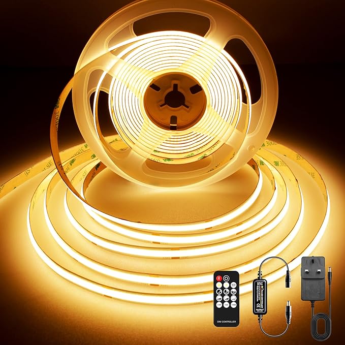 COB LED Strip 5m, 480LEDs/M, High Bright Dotless LED Tape with Remote and Power Supply, DC24V, CRI>92, 8mm Width, Warm White LED Strip Lights for Bedroom, 2700K[Energy Class F]
