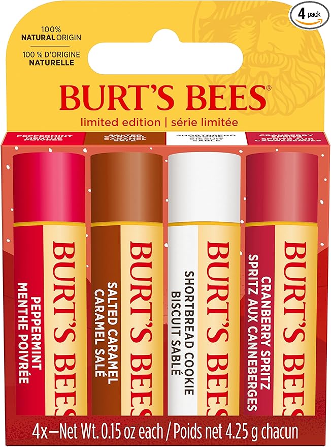 Burt’s Bees Lip Balm Gift Set, Shortbread Cookie, Cranberry Spritz, Salted Caramel, Peppermint, Lip Balm Multipack, 4x4.25g