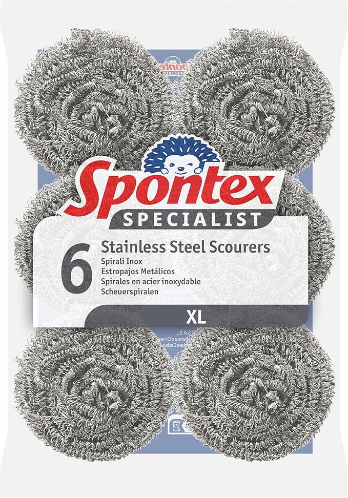 Spontex Specialist Stainless Steel Scourers | XL | Tough Metal Scourers for Professional Washing Up, Grease Removal and Dish Scrubbing | 6 Pack