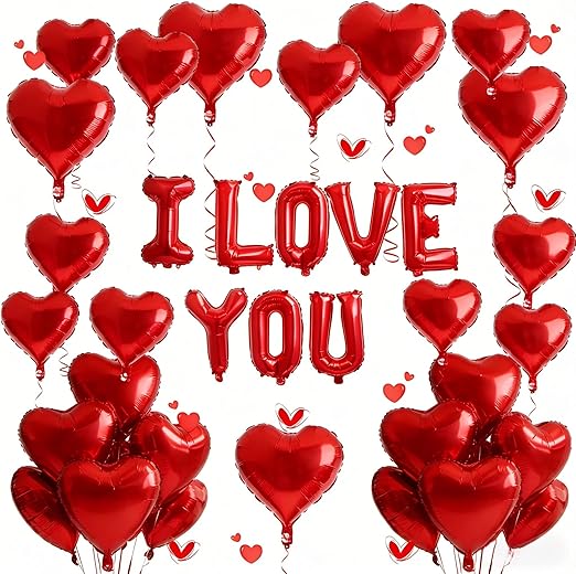 I Love You for Him/Her Balloons 34PCS Red 18 Inch Heart Balloons Banner Romantic Decoration Kit for Valentines Party Wedding Engagement Galentines Day Bridal Shower Anniversary Decor