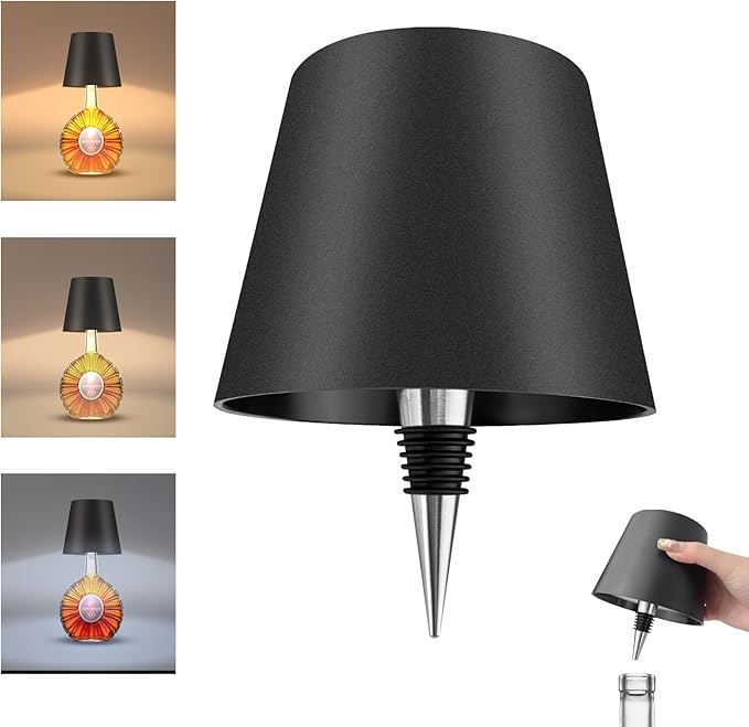 CNMTCCO Wireless Bottle Lamp with Touch Adjustment - Warm 3000k, Neutral 4500k, Cold White 6000k LED - Rechargeable for Bars, Restaurants, Outdoor Decoration (Black, 1-Pack)[Energy Class G]