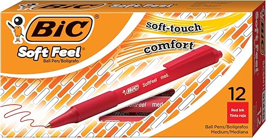 BIC Soft Feel Ballpoint Pens Medium Point (1.0 mm) – Red, Box of 12