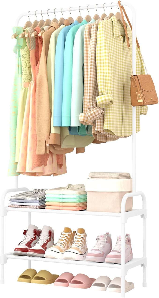 Clothes Rail - Large Capacity Freestanding Clothes Rack with 2-Tier Shoe Organizer & Non-Slip Feet, Heavy-Duty Clothing Rail for Bedroom, Entrance, Laundry, 74 x 30 x 150cm, White