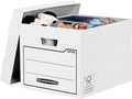 10 BANKERS BOX Storage Boxes Durable Storage Boxes with Lids - Heavy Duty Cardboard Boxes with Handles for Storage & Relocating - W32.5 x H28.5 x D39cm (Pack of 10) - White