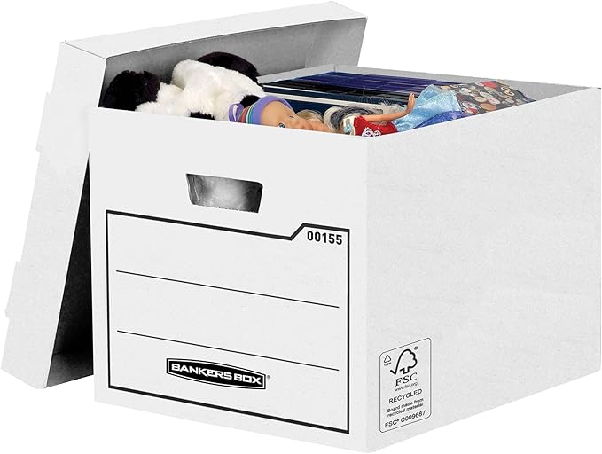 10 BANKERS BOX Storage Boxes Durable Storage Boxes with Lids - Heavy Duty Cardboard Boxes with Handles for Storage & Relocating - W32.5 x H28.5 x D39cm (Pack of 10) - White