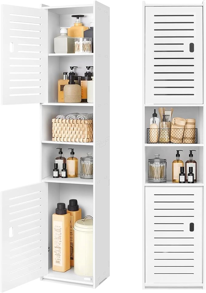 OUDIE Tall Bathroom Storage Cabinet, Floor Free Standing Display Cabinet, Slim Storage Furniture Organizer Unit for Office Living Room Kitchen Entryway Toilet Paper, White
