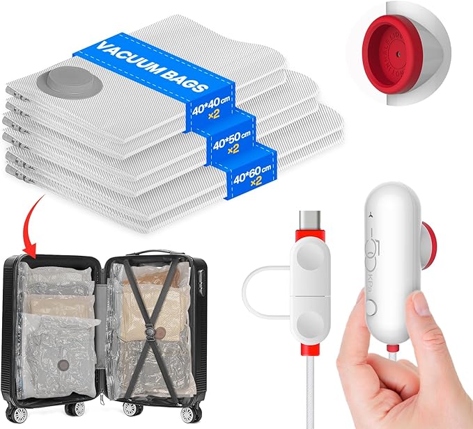 Vacuum Storage Bags for Clothes, 6-Pack Vacuum Bags with Portable Electric Pumps, Reusable, Suitable for Clothing storage, Travel, Luggage and Suitcase Storage