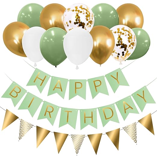 Birthday Decorations for Men & Women - Green Happy Birthday Banner Includes 12 inch Green, Metallic Gold, White and Confetti Balloons, Birthdays Bunting, Ribbon & Adhesive Hooks
