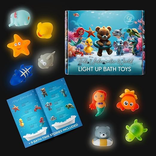 Set of 9 Light Up Bath Toys for Kids, 9PCS LED Sensory Bath Toys with 9 Bonus Interactive Stories Included & Packed In a Box – Fun for Parents with Newborns & Toddlers