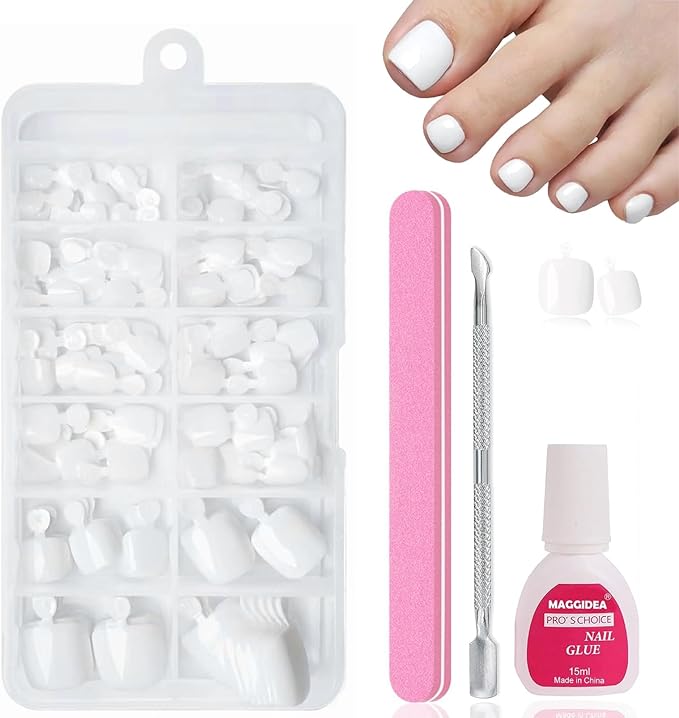 White Press on Toenails, 120Pcs Short Fake Toe Nails with Glue, Solid White Fake Toenails Kit, Square False Toe Nail Tips Extensions, Glossy Full Cover Acrylic Toenails For Women Girls Nail Art DIY