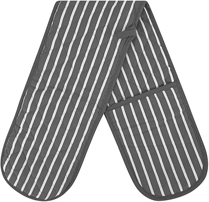 Butcher Stripe Double Oven Gloves Quilted Heavy Duty Cooking Potholder Heat Resistant Mitt 18x90cm (Grey)