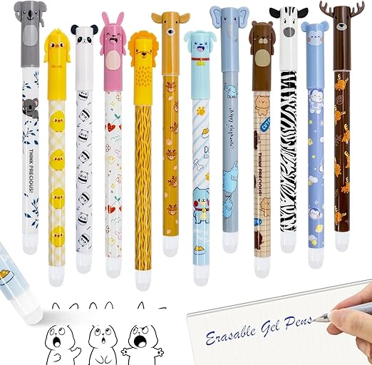 Erasable Pens Fine Point 0.5mm-Rub out Pen Set for School Writing 12 Coloured Ink Pens (6 Blue & 6 Black) with Rubber Eraser -Cute Animal Design Stationery Supplies for Kids Girls Boys Adults