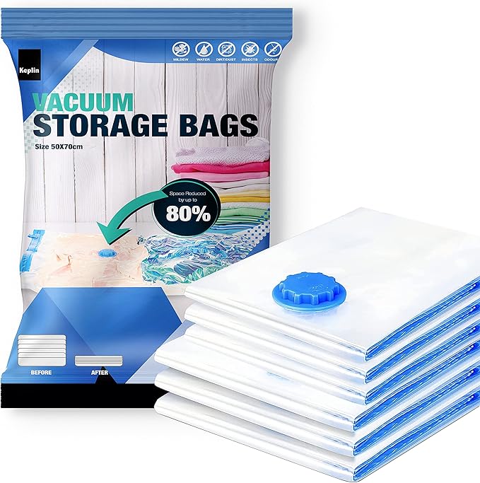 KEPLIN Vacuum Storage Bags | Maximise Space and Store Clothes, Bedding, Towels, Duvet & Pillow | Space Saver Air Suction Bag with Secure Double Zip + Valve | 6 Pack Medium (50cm x 70 cm)