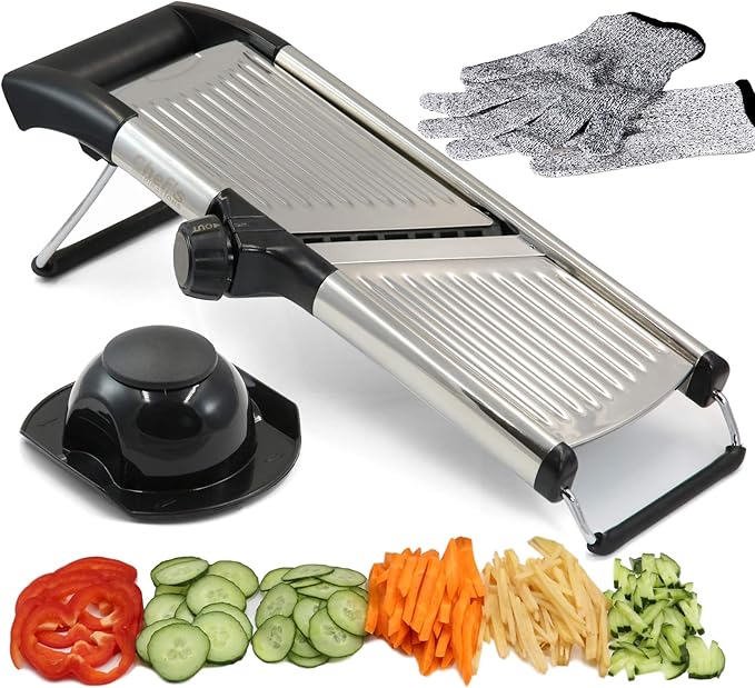 Adjustable Mandoline Vegetable Slicer by Chef's INSPIRATIONS. Best for Slicing Food, Fruit and Vegetables. Mandolin Slicer Julienne Cutter. Cut Proof Gloves. Stainless Steel