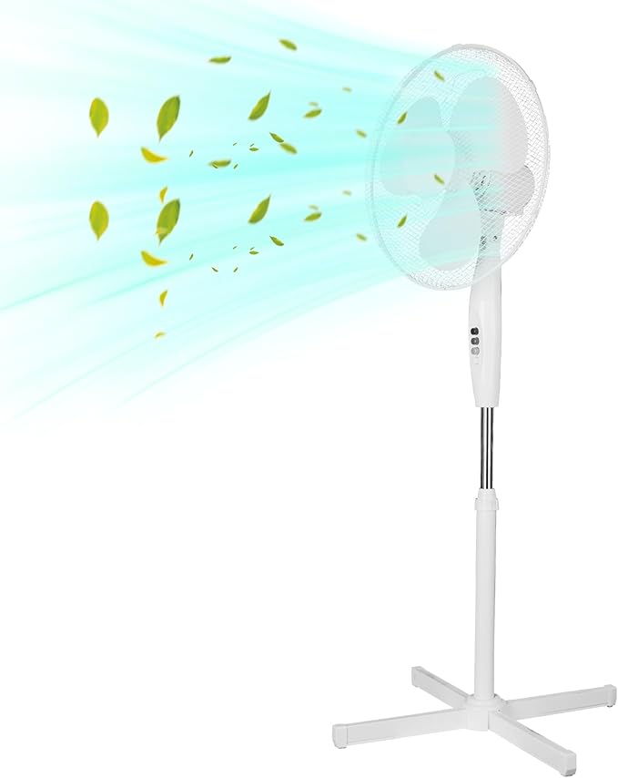 Stand Fan, 90° Oscillation, 3 Speeds, 3 Modes, Adjustable Height, Ideal for Home, Bedroom or Office, Remote Control, White (wood-FS40-3-white)