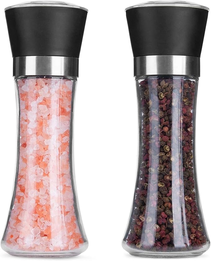 Hotder Salt and Pepper Grinder,Condiment Set,Himalayan Pink Salt & Peppercorn Mills with Adjustable Coarseness Glass Body Shakers,No Salt/Pepper Included(2 Pack) (200ml)