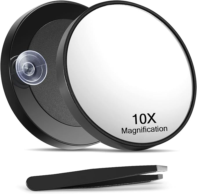 10X Magnifying Mirror with 2 Suction Cups, 8.8cm Magnified Makeup Mirror and Slant Tweezers,1PCS,Black