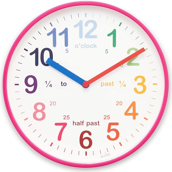 Acctim Wickford Kids Teaching Wall Clock Quartz Rainbow Dial Quarter Markers Pink 20cm 22520