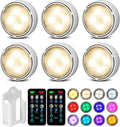 Onumii Under Cupboard Battery Operated LED Cabinet Light - RGB Puck Under Counter Lighting With Remote Control, 6 Pack - White