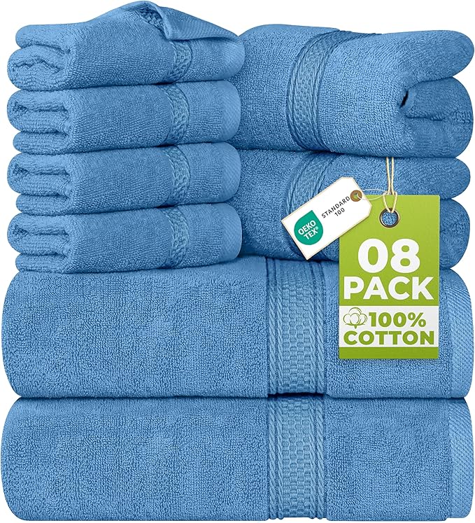 Utopia Towels 8 Piece Towel Set - 2 Bath Towels, 2 Hand Towels and 4 Washcloths Cotton Hotel Quality Super Soft and Highly Absorbent (Electric Blue)