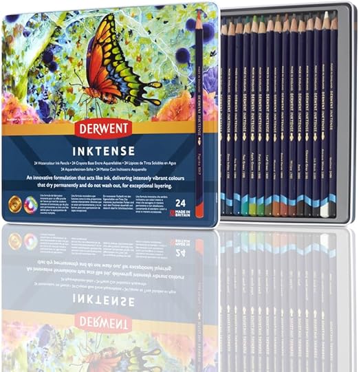 Derwent Inktense Permanent Watercolour Pencils, Set of 24 in a Tin, 4mm Premium Core, Water-Soluble, Ideal for Colouring, Painting and Crafting, Professional Quality (0700929),package may vary