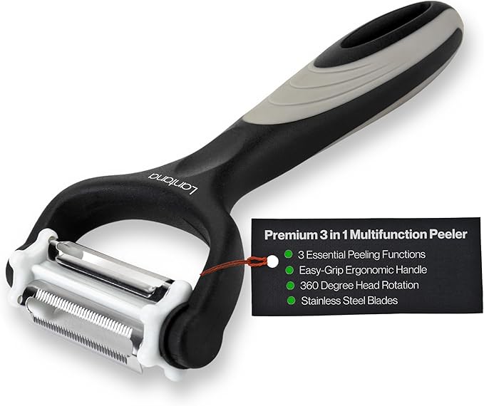 Lantana Potato Peeler + Micro-Serrated Veg Peeler + Julienne Slicer - 3 in 1 for Speed Peeling of Fruit & Vegetable - Black/Grey/Stainless Steel