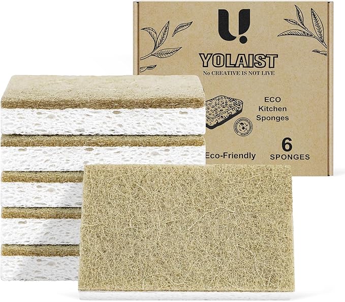6 Pack Eco Sponges Washing Up - Biodegradable Washing Up Sponge - Durable Natural Dish Sponge with Non-scratch Scouring Pads