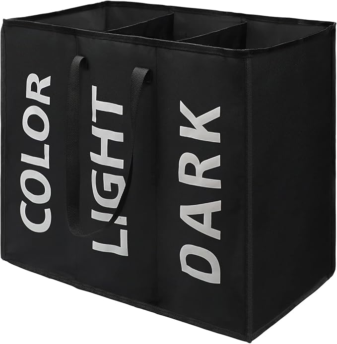 120L Large Laundry Basket with 3 Compartments, Collapisable Laundry Bag, Foldable Laundry Hamper, Folding Washing Storage Bin, Black