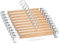35cm Natural Wooden Trouser Hanger, 10PCS Smooth Wood Pant Hangers, Space Saving Skirt Hangers with Adjustable Clips, Heavy Duty Chrome Clothes Hangers Clothes Hook