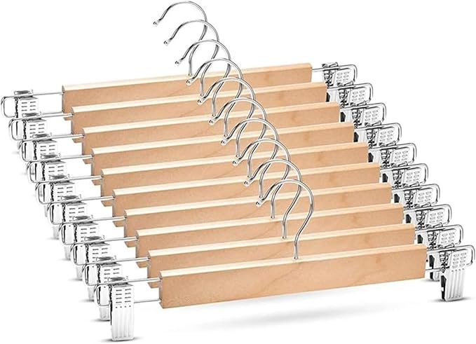 35cm Natural Wooden Trouser Hanger, 10PCS Smooth Wood Pant Hangers, Space Saving Skirt Hangers with Adjustable Clips, Heavy Duty Chrome Clothes Hangers Clothes Hook
