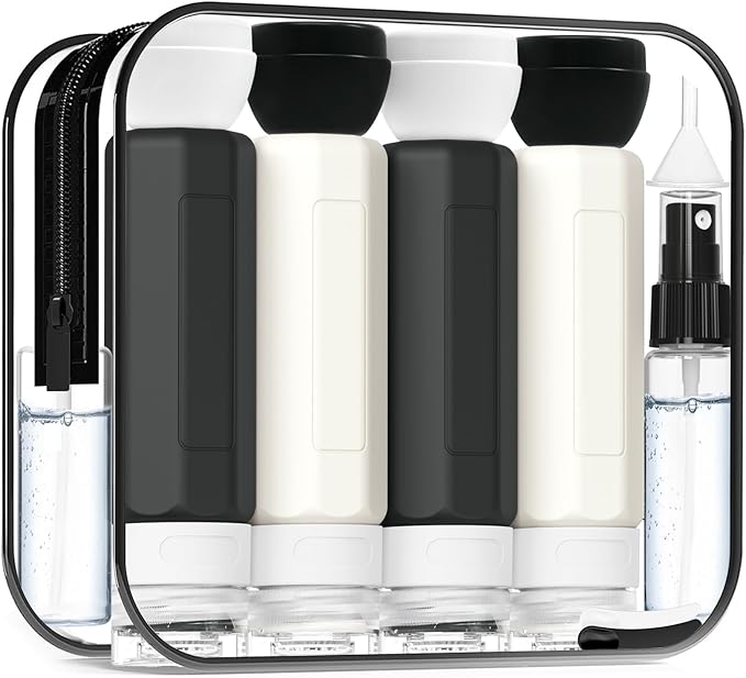 Redfly 17PCS Travel Bottles for Toiletries, TSA Approved Leak Proof Refillable Travel Size Containers, Silicone Travel accessories for Shampoo, Conditioner, Lotion & Creams Black&White