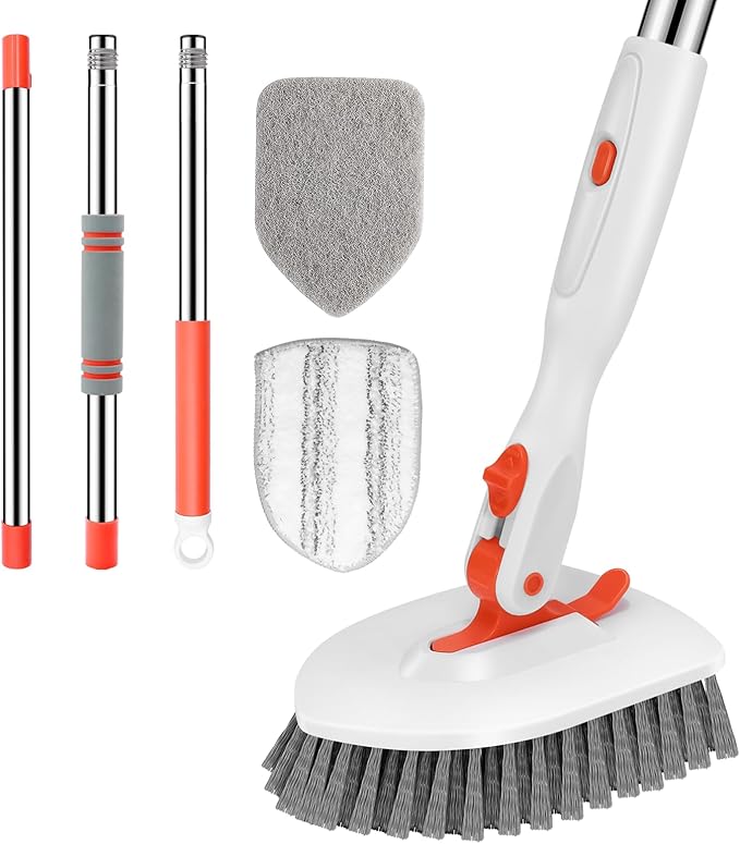 SetSail Floor Scrub Brush, 3-In-1 Tile Tub Floor Scrubber with 52-inch Adjustable Long Handle Shower Cleaner Brush and 3 Detachable Replacement Heads for Cleaning Bathroom Kitchen Walls Tub Tile