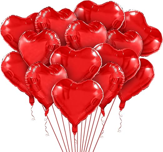 20 Pcs Love Heart Balloons with Ribbon, Valentines Day Red Heart Balloons, 10 Inch Foil Large Size Heart Balloon, Love Heart Decoration for Valentines Wedding Anniversary Birthday Party
