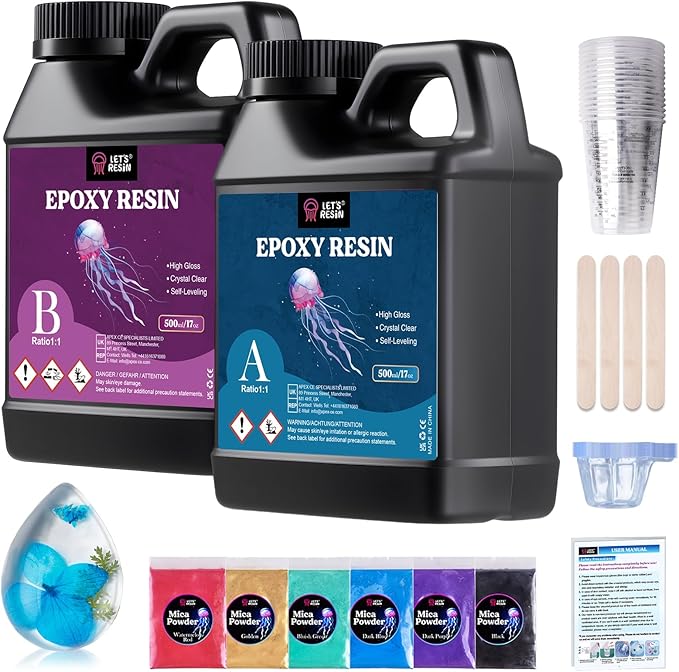 LET'S RESIN Casting Epoxy Resin Kit, 1L Crystal Clear & Bubble Free Epoxy Resin and Hardener, High Gloss Resin Kit for DIY Art, Mould Casting, Wood, Jewellery Making, Coasters, Table Top