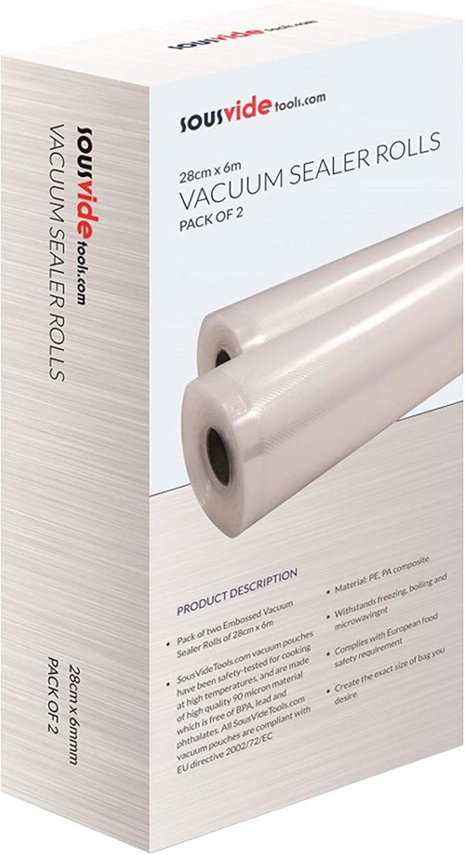 SousVideTools | Vacuum Sealer Rolls Pack of 2 | 28 cm x 6 m | Embossed Plastic Food Storage | Sous Vide Cooking, Boiling, Freezing and Microwaving - Packaging May Vary[Energy Class A++]