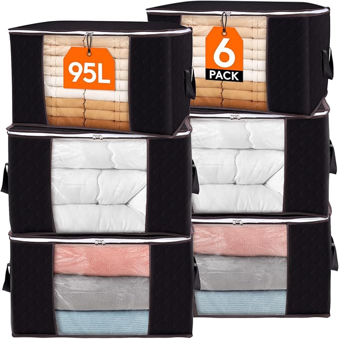 Lifewit 95L Clothes Storage Bags Large Storage Box With Lid Packing Boxes for Moving House With Reinforced Handle Thick Fabric Clear Window for Clothes Duvet Blankets Bedding, 6 Pack, Black