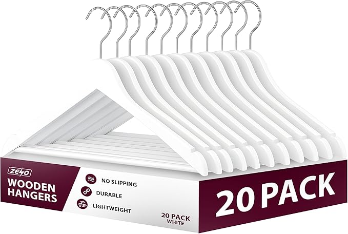 ZENO Wooden Hangers White 20 Pack | Wooden Coat Hangers | Hanger for Clothes with 360° Swivel Hook, Shoulder Notches & Anti Slip Design | Lightweight & Durable