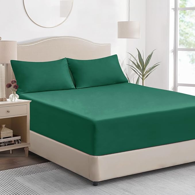 King Size Fitted Sheet Deep - Dark Green Kingsize Bed Sheet Extra Deep Pocket 16 inch (40 cm), Soft Brushed Microfiber Mattress Bottom Bedding Sheet, 150x200cm