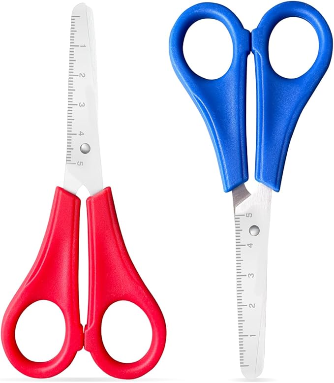 Kids Scissors 2 PCS Preschool Children Safety Scissors with cm-Scale Plastic Handle Craft for Scrapbooking DIY Craft Students Teaching Stationery(2, Red+Blue)