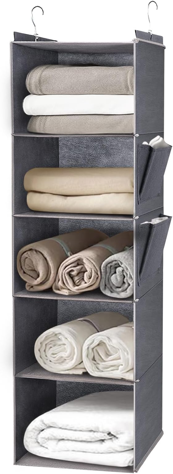 Hanging Storage Shelves with 5 Shelves Foldable Hanging Wardrobe Closet Organiser Unit with 2 Side Pockets for Clothes Accessories for Bedroom (Grey)