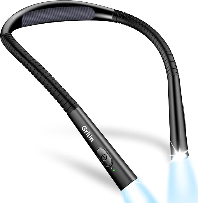 Gritin Book Light, Rechargeable Neck Light for Reading - 4-Color&5-Brightness,Bendable Arms,30-min Timer,80+ Hrs Runtime,Neck Curve Fit Ergonomic Design, Comfortable for Reading-Black