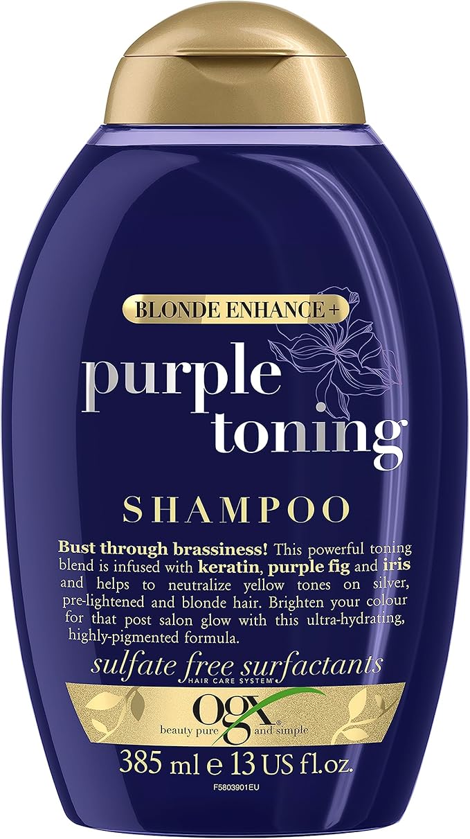 OGX Blonde Enhance with Purple Toning Shampoo, with Keratin, Purple Fig and Iris, Neutralizes Yellow Tones on Silver, Pre-Lightened and Blonde Hair, Sulfate Free, 385ml