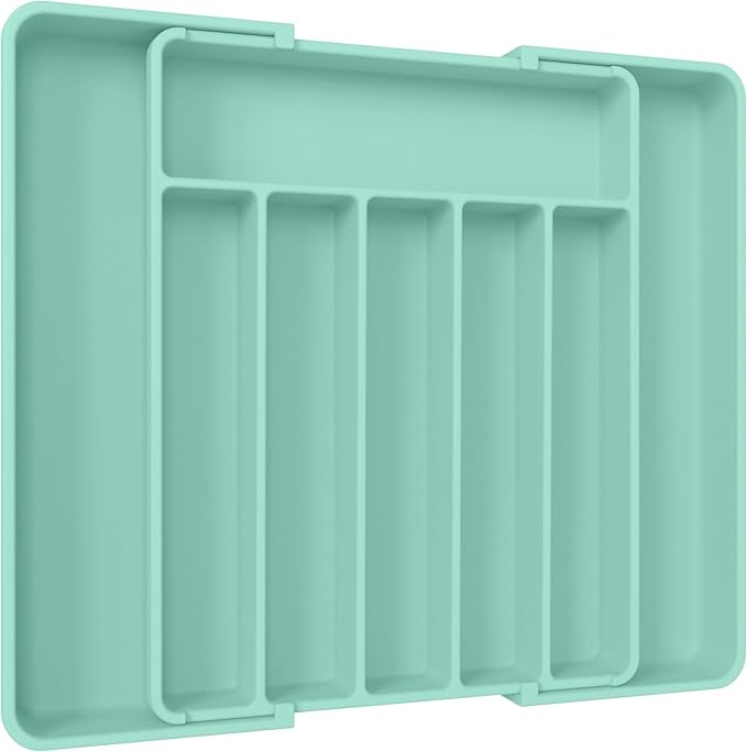 Aujen Cutlery Drawer Organiser - Expandable Kitchen Drawer Storage Organiser, Adjustable Cutlery Tray, Multipurpose Utensil Organisation for Forks, Knives, Green, 34 x 4 x 26~50 cm