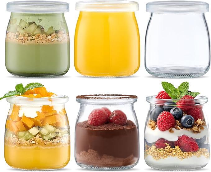 200ml Yogurt Pudding Glass Jars with Plastic Lids Mini Cup Small Glass Bottles (6)