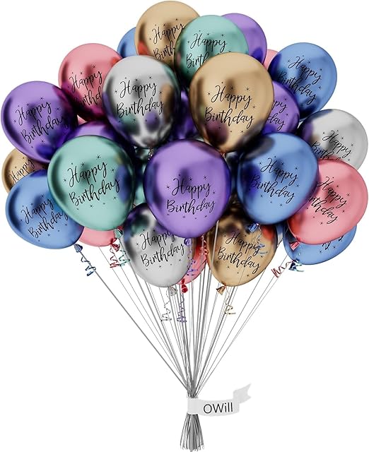 OWill 50 PCS 10 Inch Happy Birthday Metallic Balloons,Shiny Metallic Balloon Latex Balloon Happy Birthday Balloons