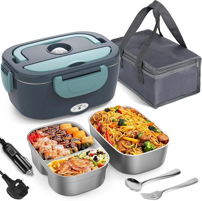 80W Electric Lunch Box Food Heater, Thermal Heated Lunch Boxes for Adults with Insulated Lunch Bag, 2 x 1.5 L Removable 304 SS Food Containers, Leakproof, 12V/24V/230V for Car Truck & Home